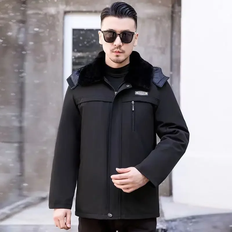 100% Wool Winter Men Fur Coat Fur One Liner Warm Thickened Sheepskin Cotton Coat Long Hair Coat Fur Collar Hooded