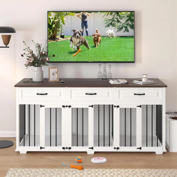 White Wood Big Pet Cages Kennels Extra Large Dog Crate Furniture with 3 Doors Drawers