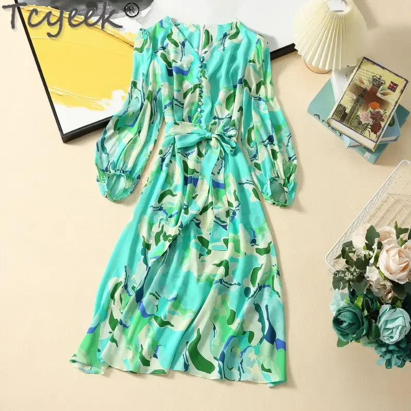 

Tcyeek Spring Summer 100% Mulberry Silk Dress Women Clothes 2023 Elegant and Pretty Women's Dresses Print Dress Vestido Feminino