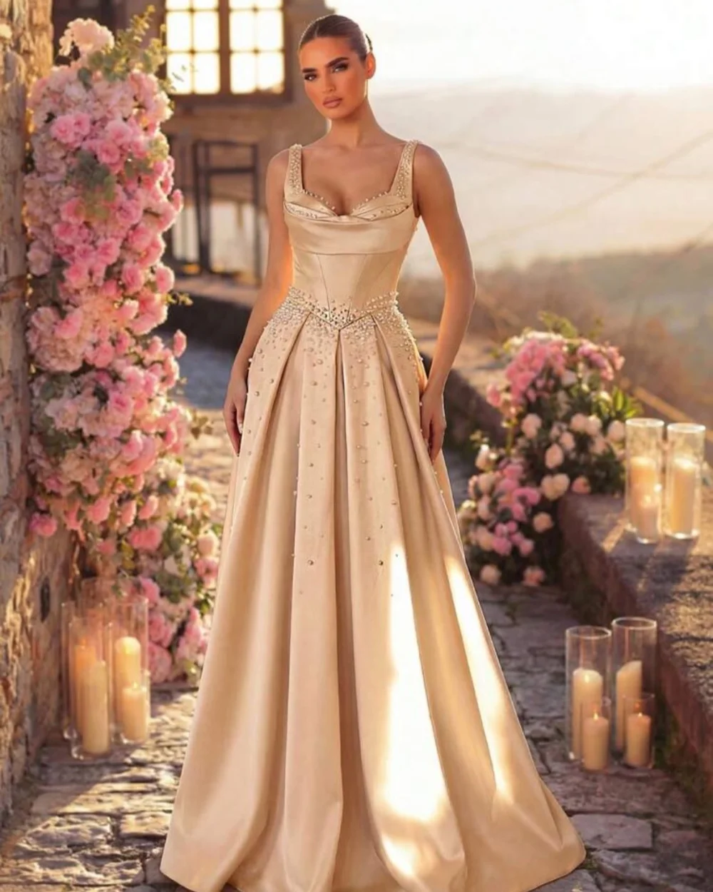 Customized Modern Style Women Charmeuse Rhinestone Pearl A-Line Evening Dresses Fashion Off-the-shoulder Sleeveless Prom Dresses