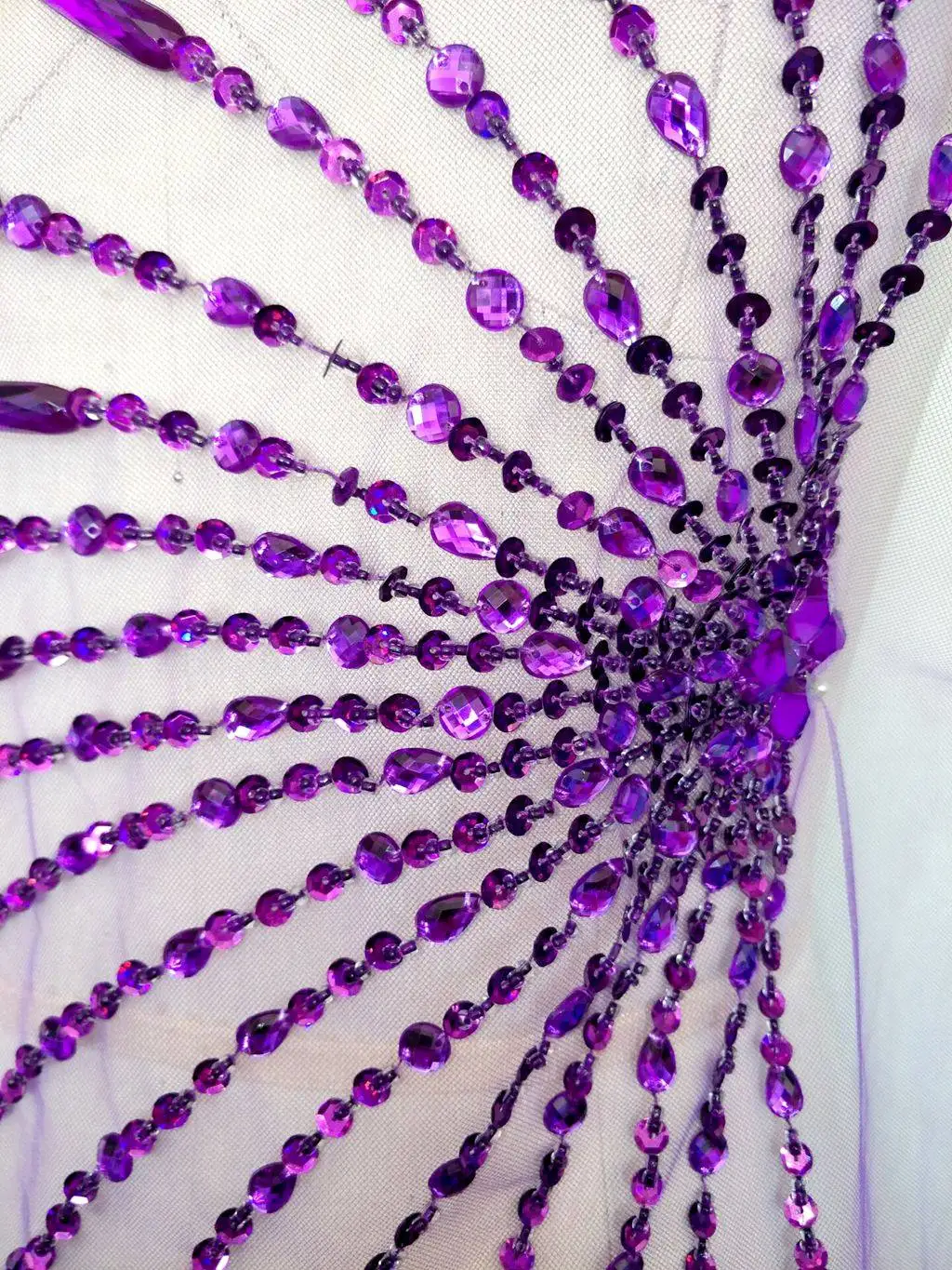 Ray-Design Beaded Sequins Rhinestone Tulle Applique Hand Stitched Embellishments for DIY Evening Dress Stage Costumes Fabric