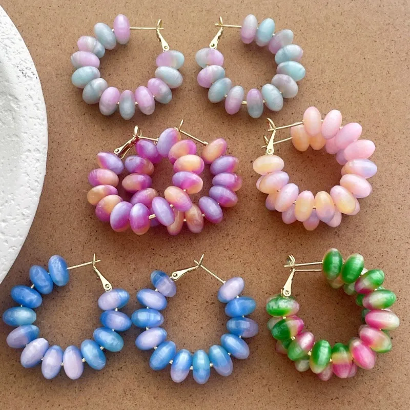 

Minar Unique Design Rainbow Gradient Color Resin Beads Round Circle Hoop Earrings for Women Gold Plated Copper Alloy Jewelry