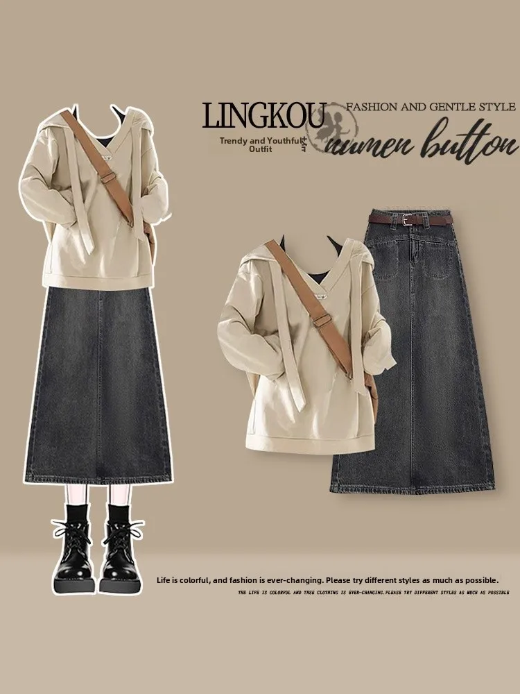 

Мягкий осенний комплект в корейском стиле для женщин: худи и винтажная джинсовая юбка, повседневный удобный костюм из двух предметов больших размеров