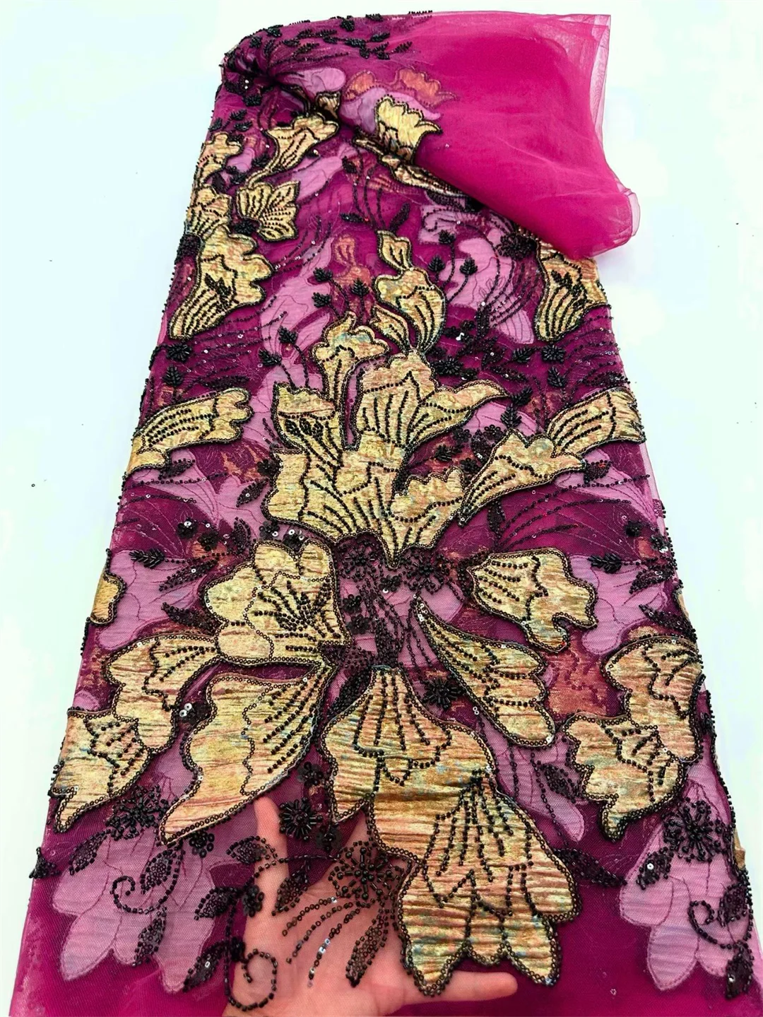 

5 Yards African Lace Fabric Beads Lace 2025 High Quality Lace Nigeria Sequins Lace Fabrics for Wedding Evening Dress Sewing