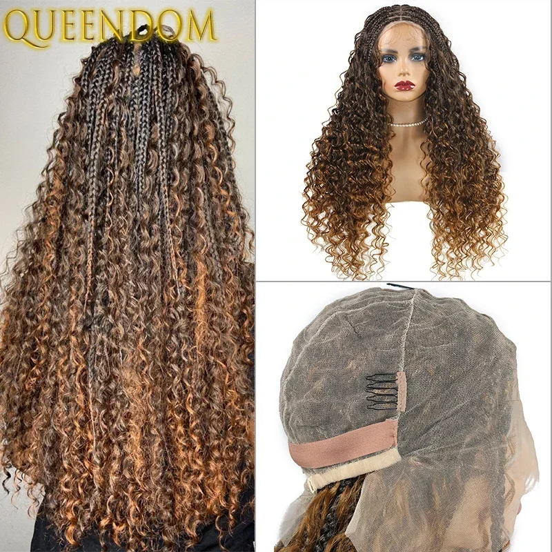 

Bohemia Full Lace Box Braided Wig 24'' Ombre Blonde Goddess Faux Locs Wig Synthetic Lace Frontal Wig for Braiding Wih Curly Ends