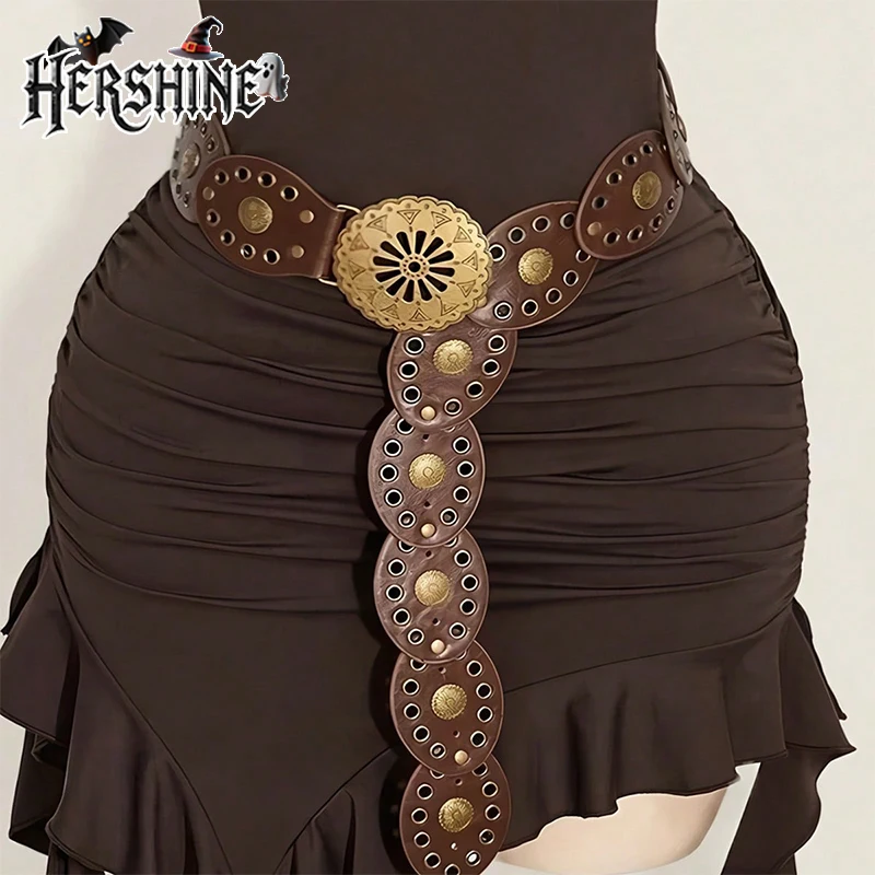 HERSHINE 1-piece women's brown vintage round floral buckle oval patchwork leather belt, Bohemian and Western style，spring，summer