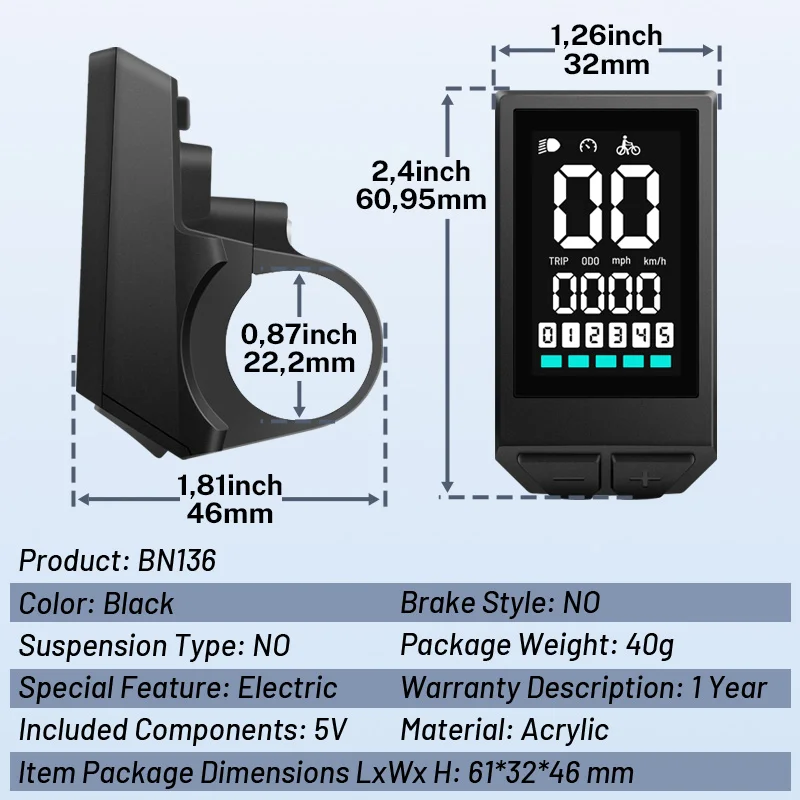 LED Display EBike Compatible with Bafang BBS01 BBS02 BBS1000W Mid Drive Motor Waterproof Display with 0-5 PAS UART Protocol