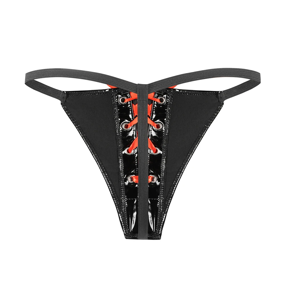 

Female Sexy T-shaped PVC Leather Underwear Nightclub Hot and Spicy Pornographic Underwear Front Prohibited Tie Up Underwear