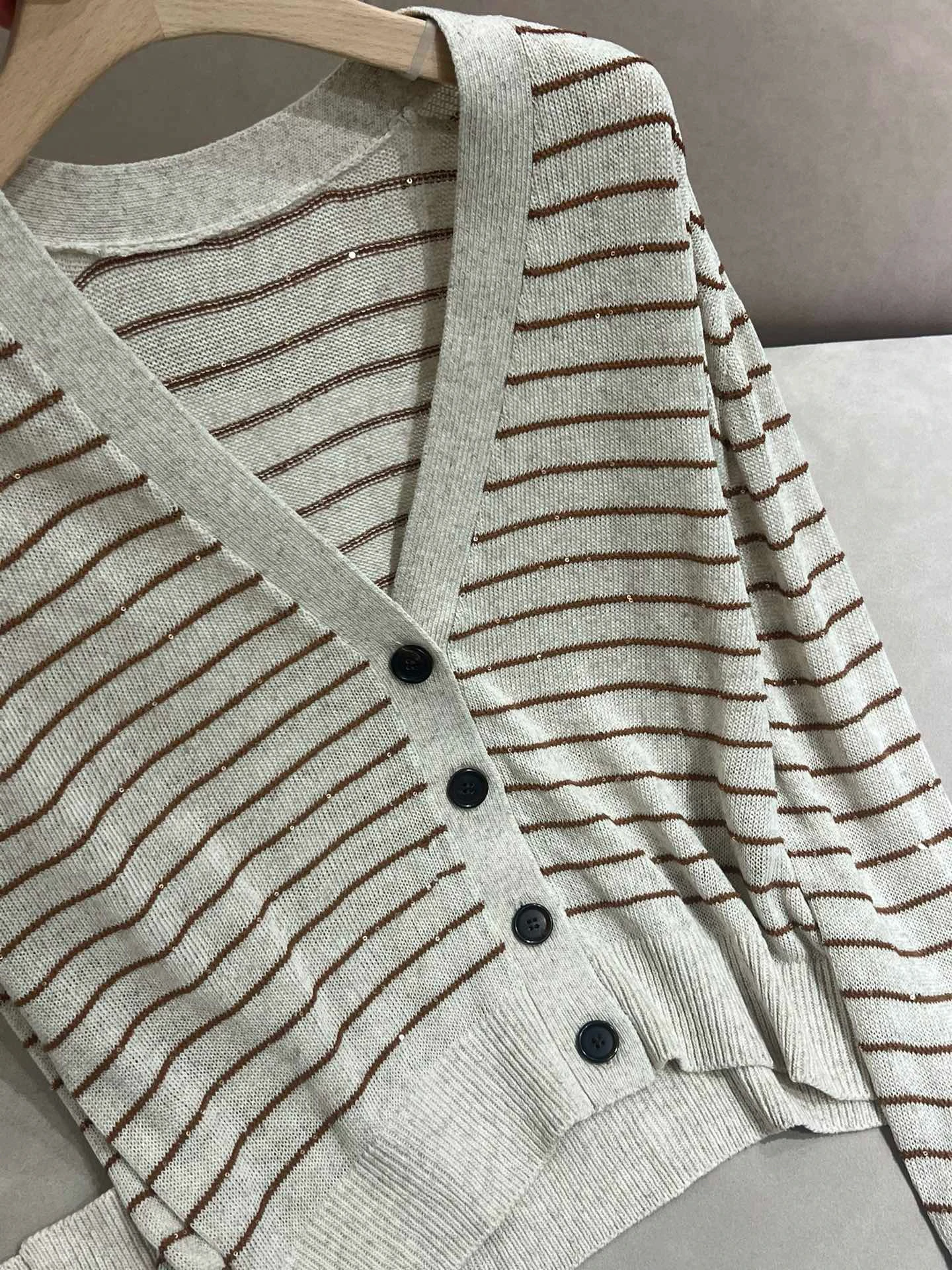 Cardigan in lino a righe con paillettes da donna autunno B * C giacca sottile lavorata a maglia tutto-fiammifero dimagrante allentata