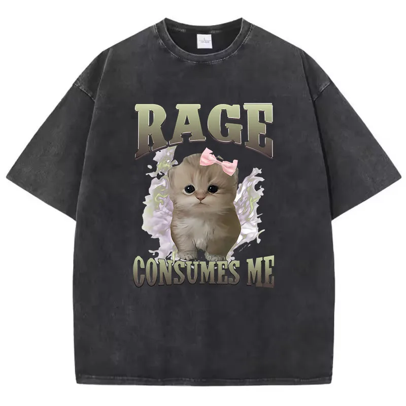 Oversize T Shirt Vintage Washed 100% Cotton T-Shirt Rage Consumes Me Cat Graphic Tee Casual Streetwear Spring Summer Shirt