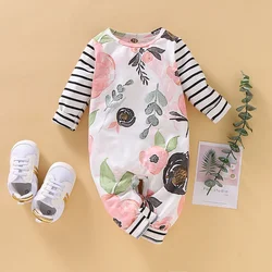 Newborn Baby Girl Romper Floral Stripe Long Sleeved Jumpsuit Toddler Girl Spring&Autumn Fashion Clothes Pajamas for 0-12Months