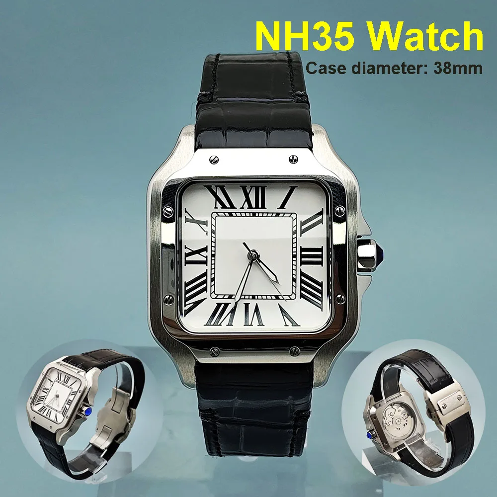 

New NH35 Square Watch Men's Watch Roman Dial Folding Buckle Strap Square Case NH35 Movement Watch
