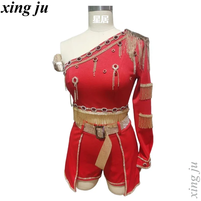 Women Group Nightclub DJ Stage Performance Costume Jazz Dance Sexy Red Short Coat Slim Halter Tops Pleated Skirt Tight Shorts