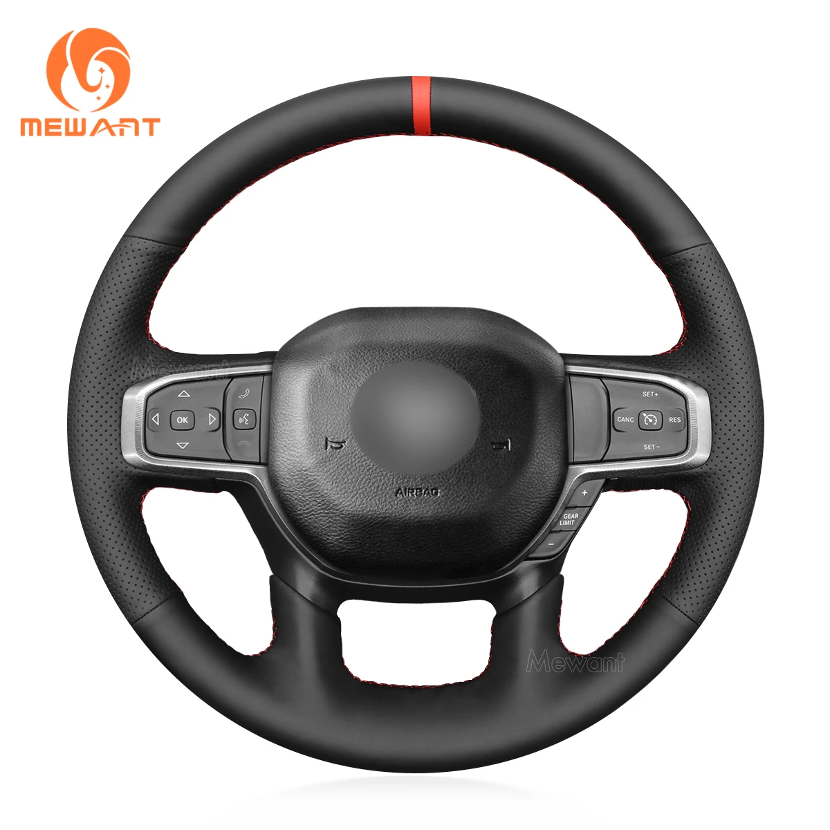 MEWANT Black Genuine Leather Car Steering Wheel Cover for Dodge RAM 1500 2019-2023 EU: for Dodge RAM 2018-2023 Dodge RAM 1500