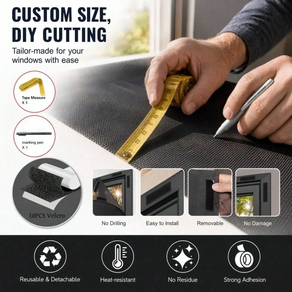 1 black opaque privacy window shade cloth. Complimentary measuring tape, marker, and Velcro. view 3