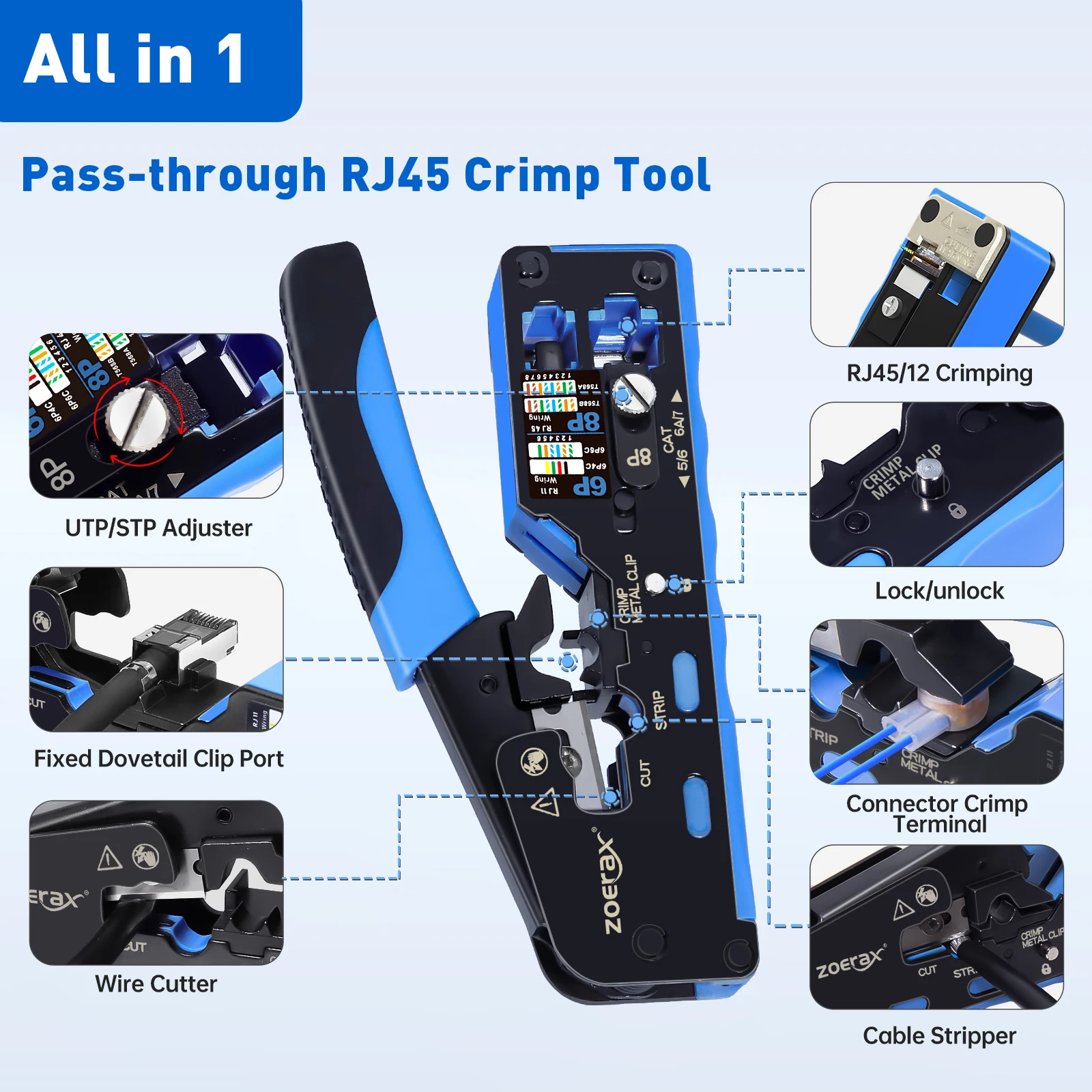 ZoeRax RJ45 Crimper Tool for Cat7 Cat6a Cat6 Cat5e Network Connector Ethernet Crimp Tool with Connector Crimp Terminal Function