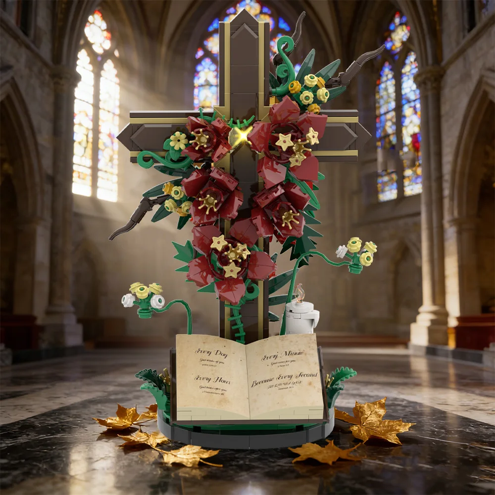 

Конструктор MOC: Алый молитвенный крест Иисуса, религиозный крест, букет вечных цветов, игрушка-конструктор, подарок для взрослых