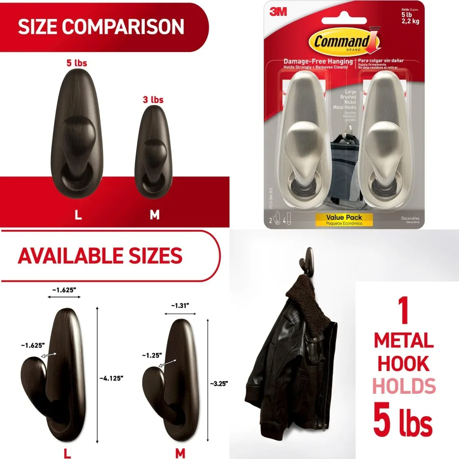 

Большие металлические крючки из матового никеля, 5 фунтов, с 2 крючками для одежды и 4 полосками для подвешивания без повреждений в домашнем и декорации комнаты, идеально подходят для он