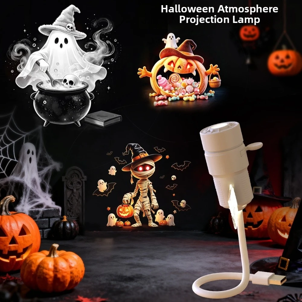 USB Direct Plug Halloween Projection Lamp 360 Degree Rotation Adjustable Focus Starry Sky Projection Night Light Ghost Pattern