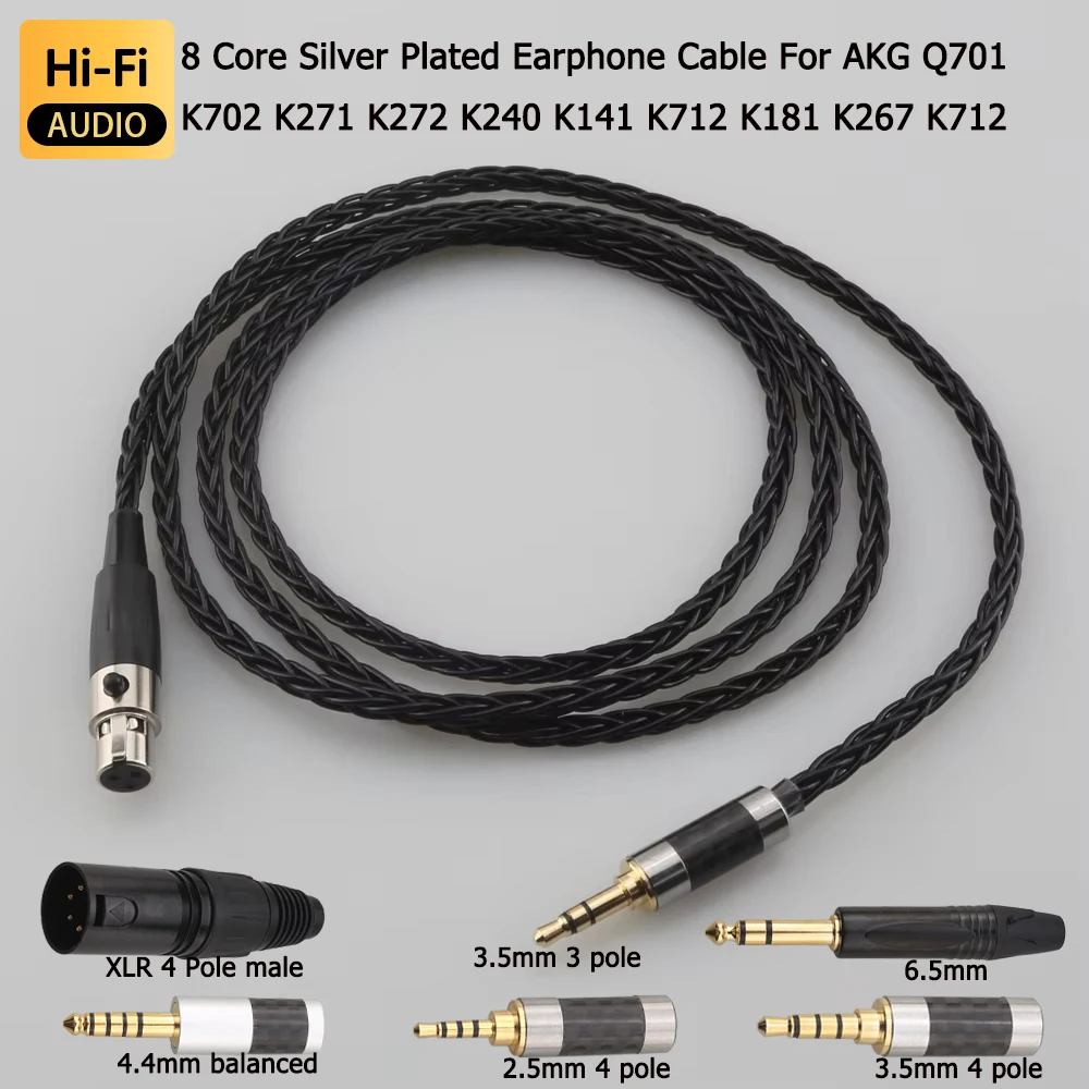 8 Core Silver Plated Black Earphone Cable For AKG Q701 K702 K271 K272 K240 K141 K712 K181 K267 K712 Headphone