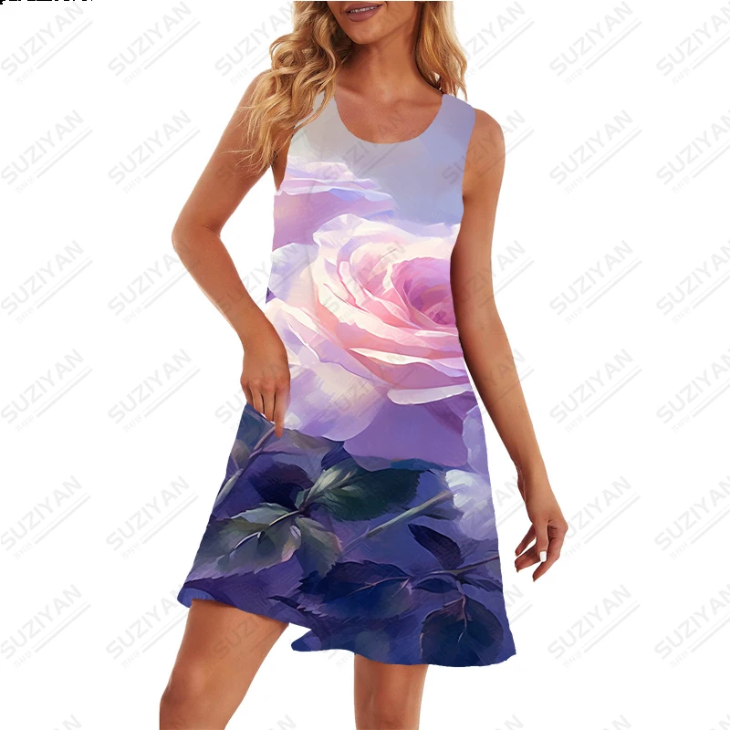 Summer Loose Casual Sleeveless Dress Daily Outdoor Dress Female Fashion Comfortable Dress Beautiful Rose Print Dress