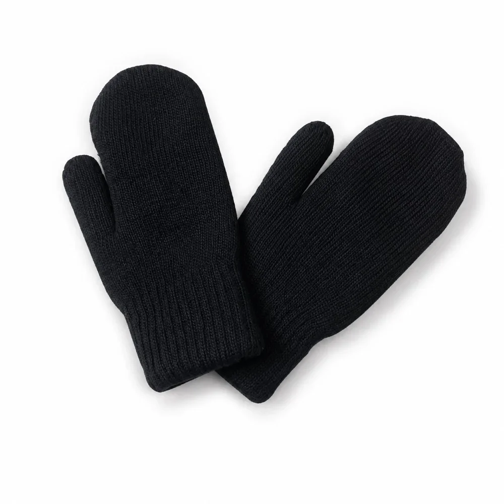 Double Layer Black Knitted Winter Mittens one size matching pair cold gloves weather warm knit handwear outdoor commuting daily