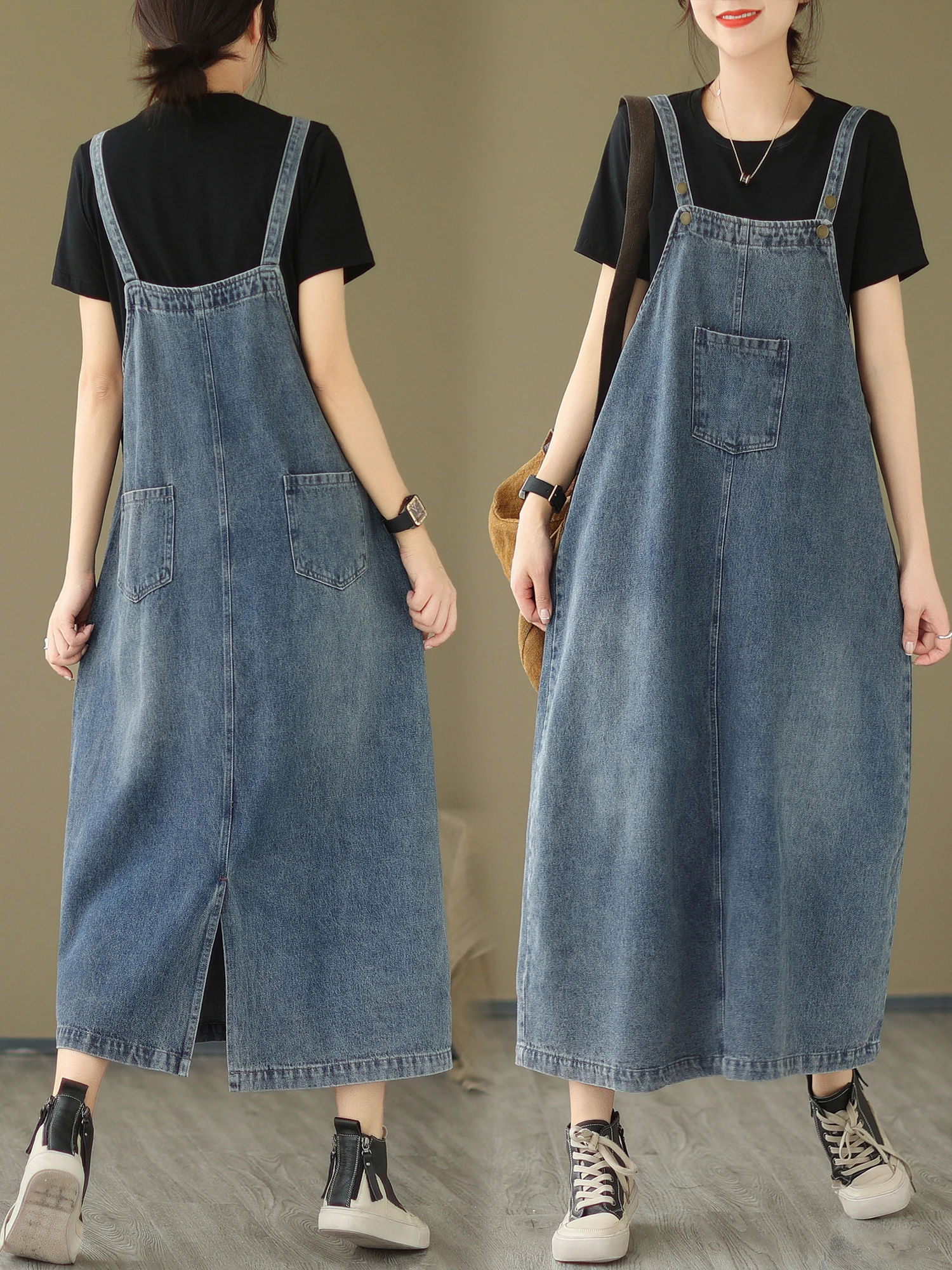 

Summer New Women's Denim Casual Overalls Skirt Tagless Loose Waist No Sleeve Irregular A-Line Dress Commute Artistic Style