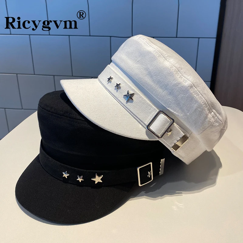 RICYGVM Punk Rivet Pentagram Berets Retro Newsboy Hat Solid Color Flat Top Octagonal Hat Hip Hop Bonnet Women Artist Painter Cap