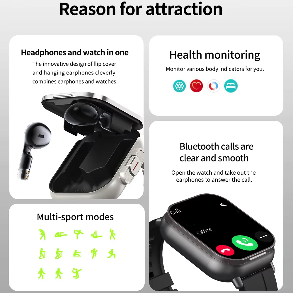 2.01" Headset 2 in 1 Smart Watch BT Call Blue Tooth Headphones Watches Heart Rate Sport Fitness Bracelet TWS Earphone Smartwatch