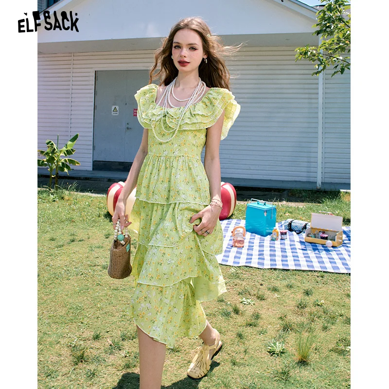 ELFSACK 2024 Summer New Arrivals Ruffled gentle style green chiffon floral holiday style cake dress for wommen