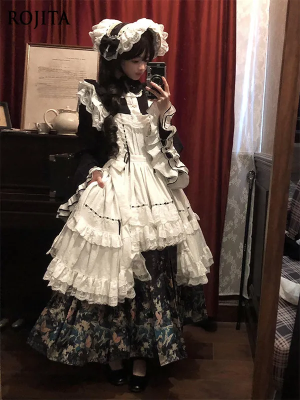 

Cross-collar Pipa Sleeve Tops Lolita Skirt Gorgeous Black Tops + Horse Face Skirt + Apron Three-piece Women's Clothing Set