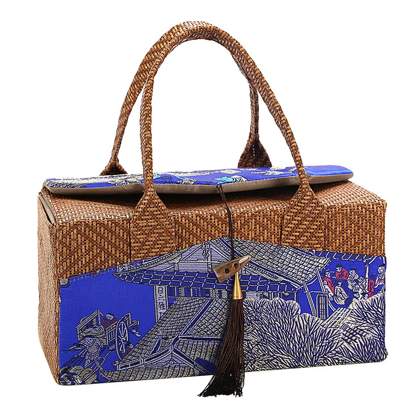 Retro Rattan Storage Bag, Rattan Weaving Handbag, Cups Sealed Tea Can Gift Box, Internally Separated Outdoor Travel Organizer