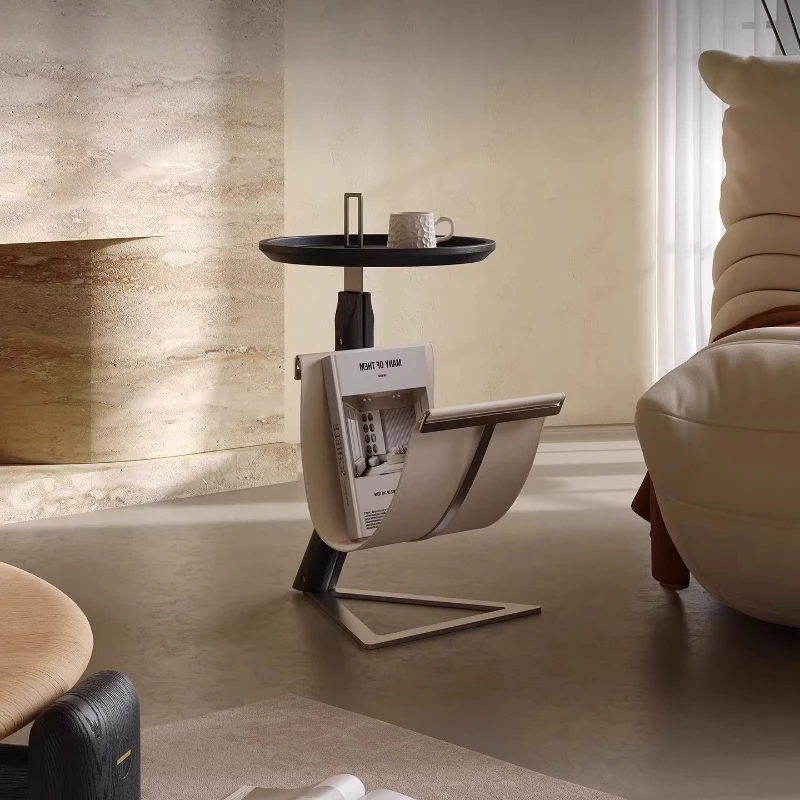 

Side few Light luxury High sense Movable creative art Saddle leather Stainless steel corner few