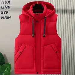 Big Size 8XL Men Cotton Padded Warm Vest Autumn Winter Sleeveless Jacket Hooded Outerwear Thick Red Coat Big Pockets Waistcoat
