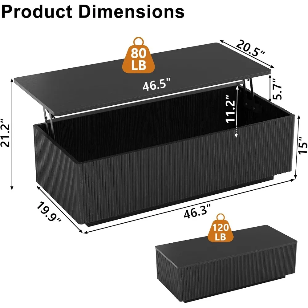 FABATO 46.5'' Large Lift Top Coffee Table with Fluted Hidden Storage, Black