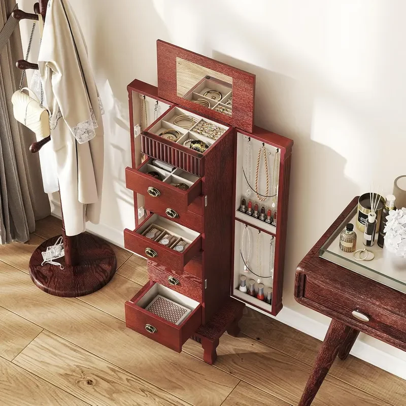 Standing Jewelry Armoire Cabinet Wooden Storage Chest Cherry