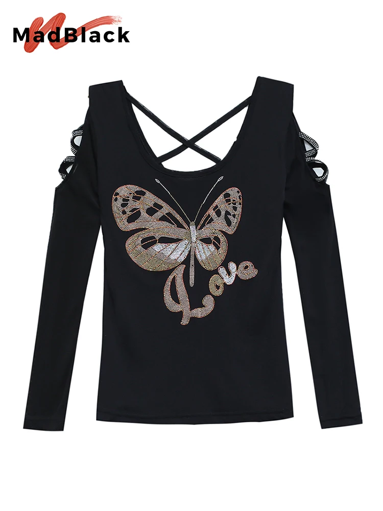 MadBlack – t-shirt à col rond pour femme, manches longues, Sexy, brillant, papillon, diamants, Slim, printemps, automne, T31426X