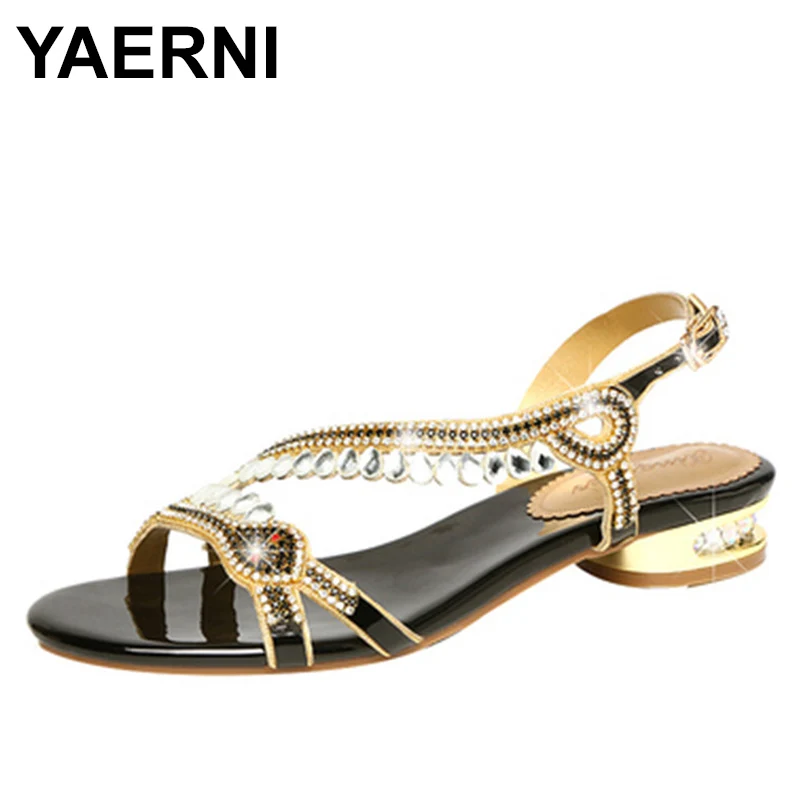 Summer Fashion New Water Brick Simple Diamond Buckle Bling Sandals For Women Thick Heel Casual Flat Beach Sandals