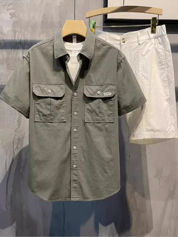 

American Sle Casual Loose ort Sve irt Men's Summer Versatile f Sve Top with Double kets Faionable Turn-do...
