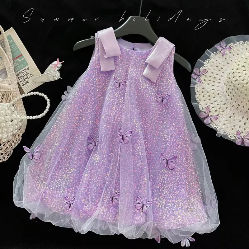 

Summer Girls' Dress2025New Sleeveless Butterfly Princess Dress for Baby Girls, Mesh Sequin Puffy Dress, Wholesale Available