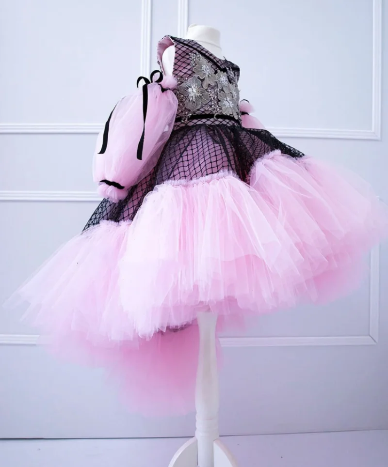 Vestido de tul rosa de manga larga para niñas pequeñas, tutú hinchado de princesa, vestido de fiesta de cumpleaños