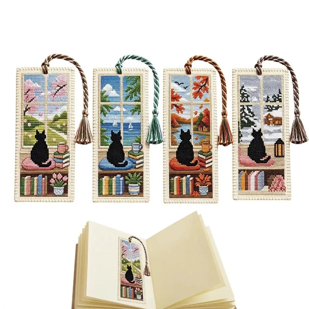 Seasonal Cat Cross Stitch Bookmark Material Kit Handcrafted with Braided Rope Embroidery Page Marker Embroidery Kit