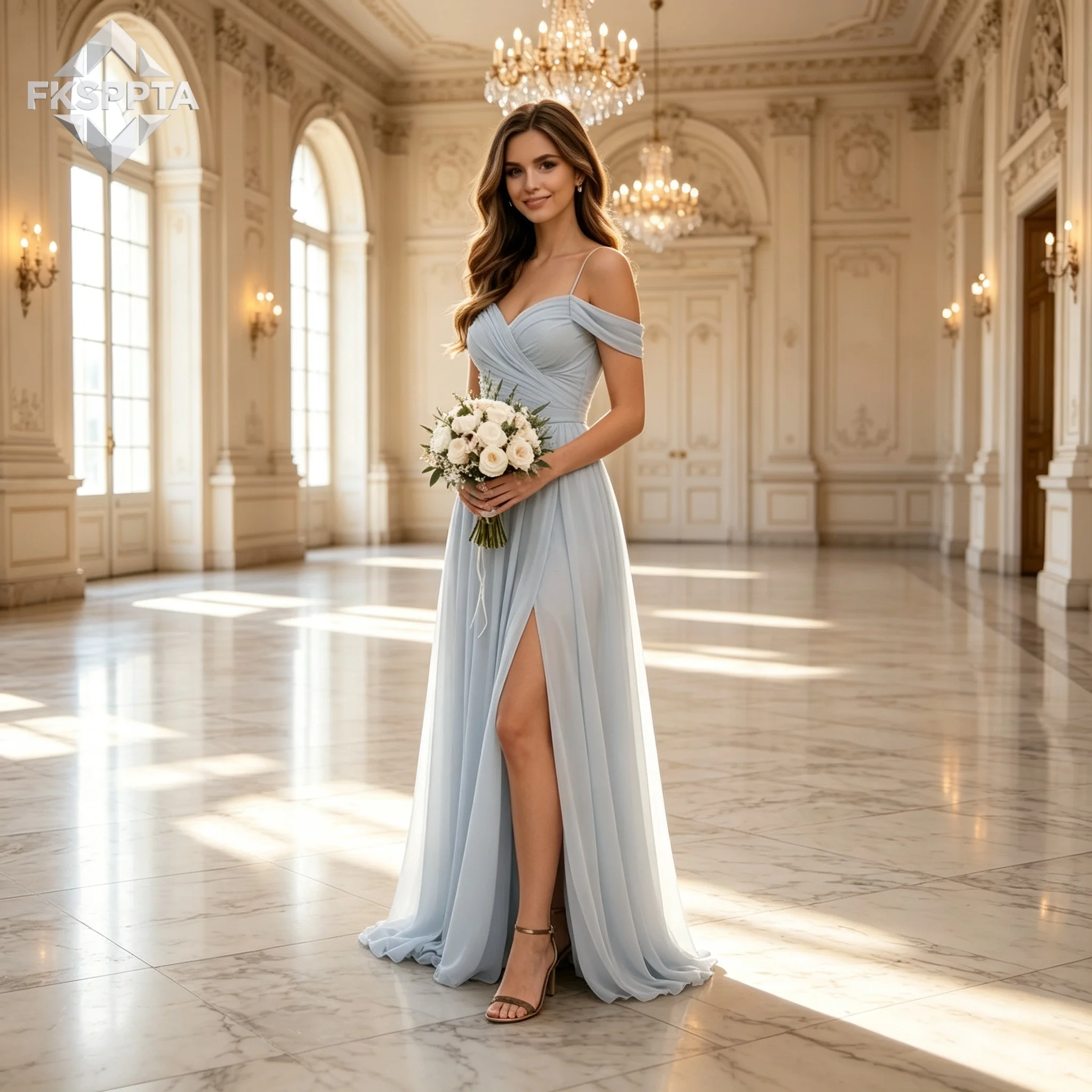 Wholesale Baby Blue Long Bridesmaid Dresses A Line Side Split Chiffon Maxi Wedding Guest Gowns Plus Size Vestido De Festa