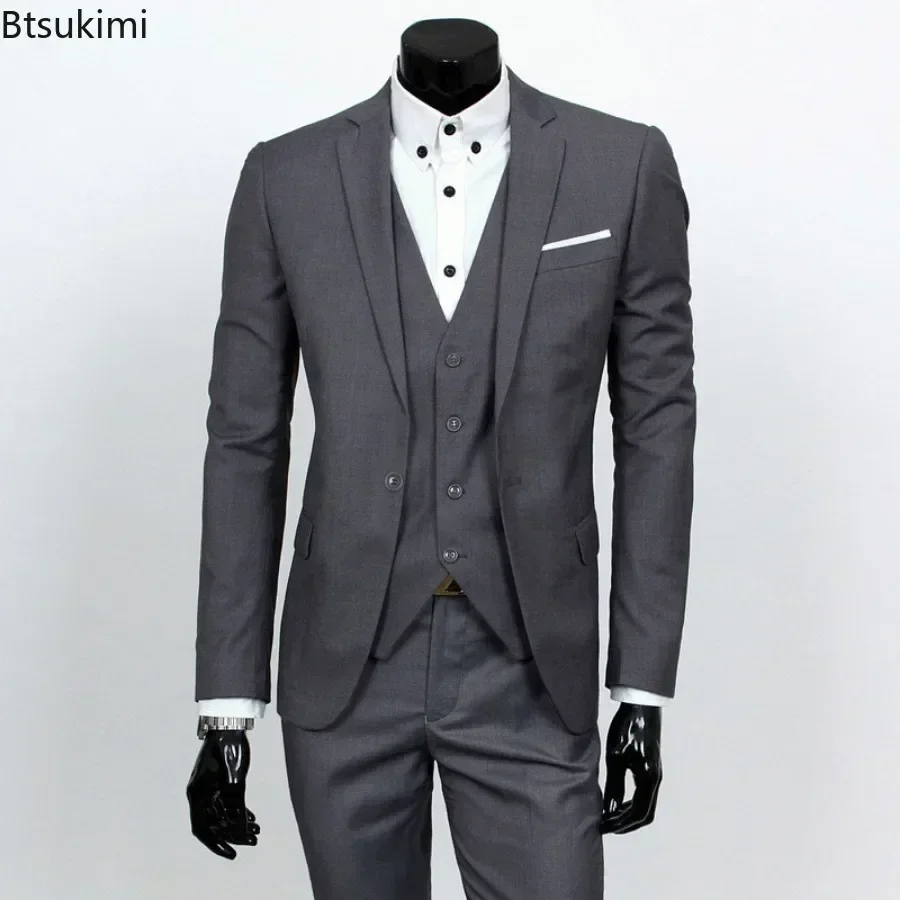 2025 Men\'s Suit Three Piece Sets (Blazers+Vest+Pants) Fashion Solid Slim Business Party Gown Wedding Groom Dress Suit Plus Size