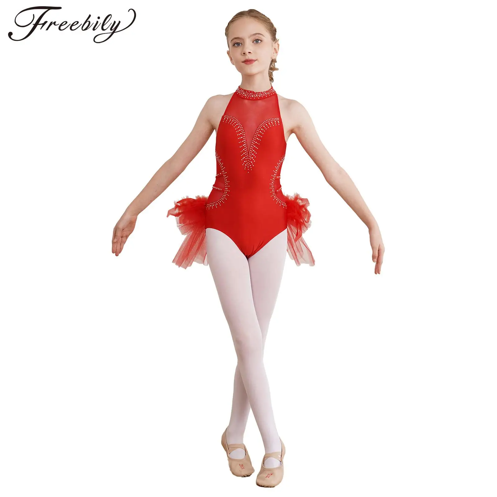 

Kids Girls Ballet Gymnastic Leotard Rhinestone Sheer Mesh Splice Feather Tulle Skirted Bodysuit Ballerina Performance Costume