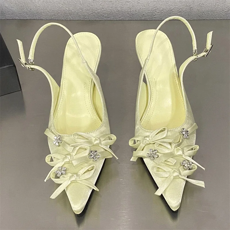 

Модные туфли-лодочки Eilyken с кристаллами и бантом, заостренный носок, женские туфли на тонком низком каблуке с ремешком и пряжкой, для вечеринок, сандалии для женщин