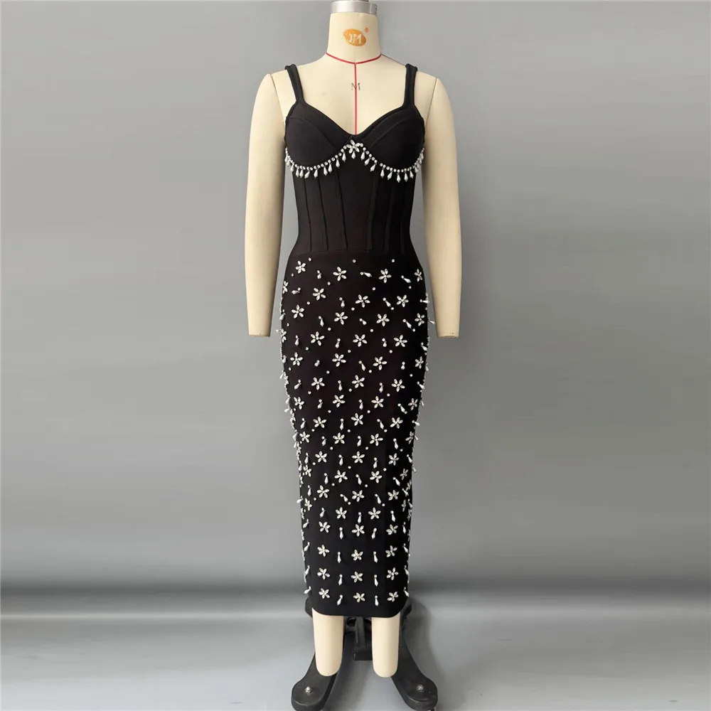 New nail bead studded diamond suspender bandage dress, socialite dinner party slim fit dress, party mid length dress