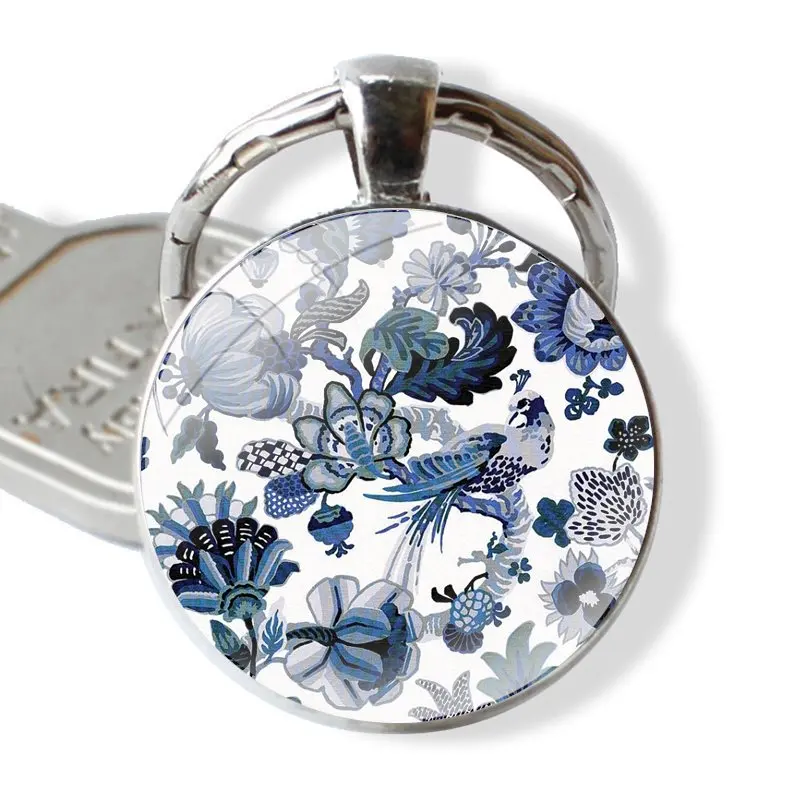 Blue and white Porcelain Flowers Keychain Handmade Glass Cabochon Key Ring Holder Pendant Key Chains