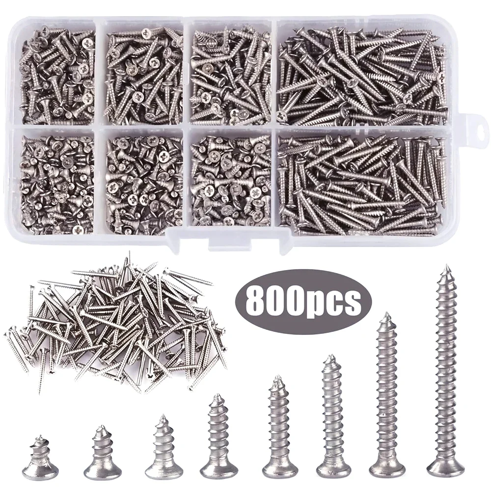 

800Pcs M2 Cross Flat Head Screws, 4mm-20mm Plated Carbon Steel Flat Head Screws Self Tapping Screws Wood Screws Assortment Kit