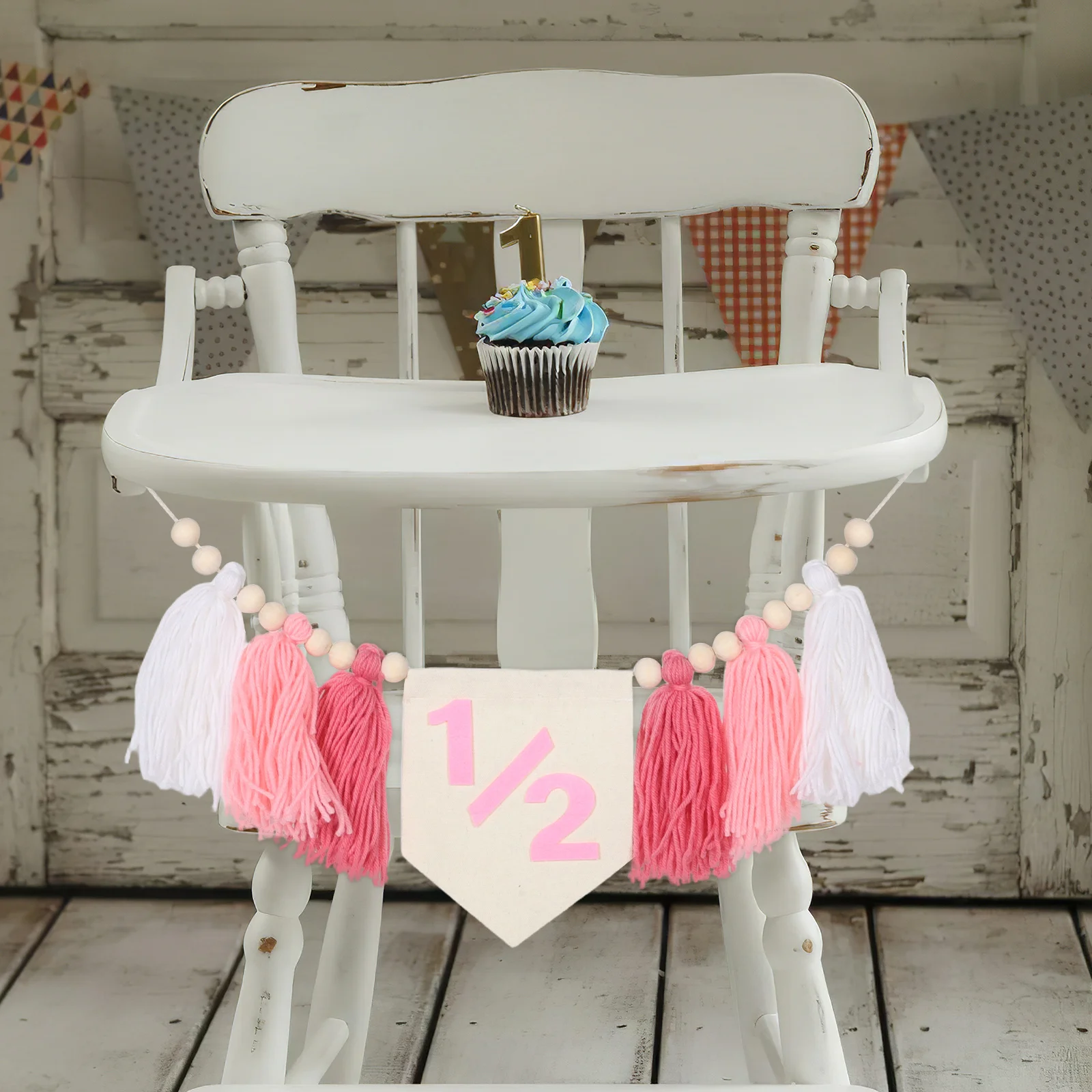 

Pink 6 Month Half Birthday Tassel High Chair Banner Boho Decor Celebration Photo Ready Backdrop Happy Birthday Banner